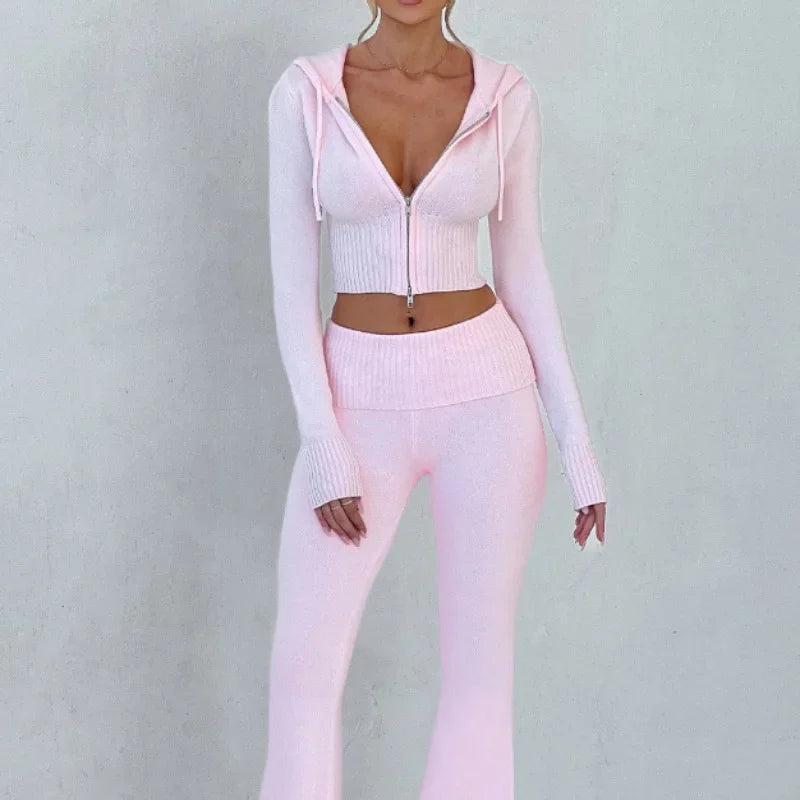 Knitted Hoodie and Flared Trouser Set