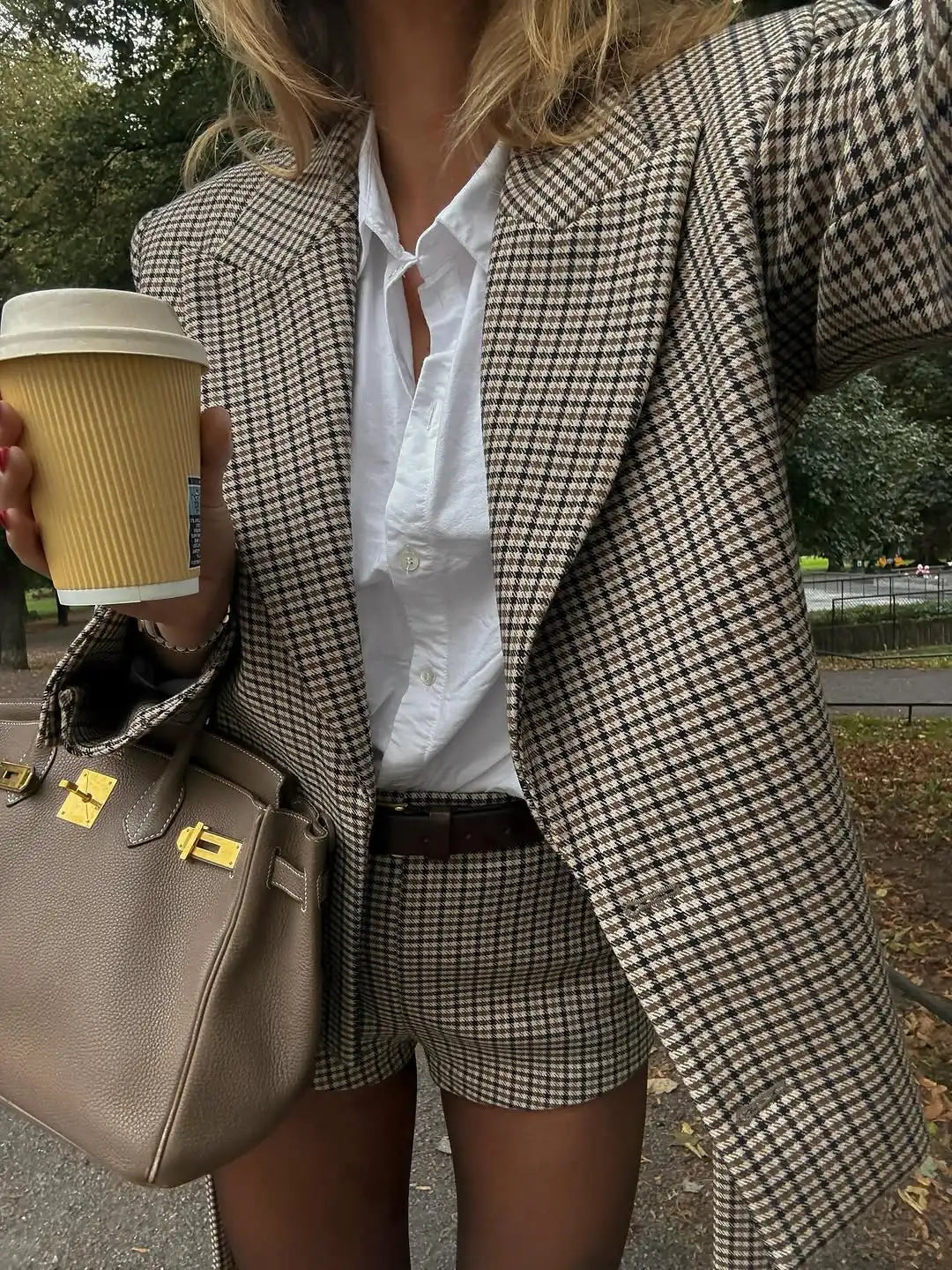 Checked Blazer and Shorts Set