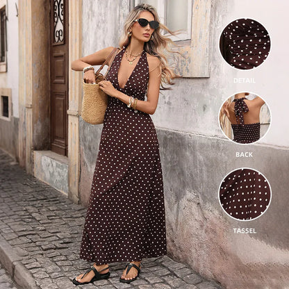 2026 Nieuwe Bruine Polka Dot Halter Maxi Jurk - Diepe V-hals met Rugband, Gerimpelde Rug, Zwierige Zomerjurk voor Dames Vakantie