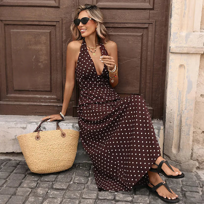 2026 Nieuwe Bruine Polka Dot Halter Maxi Jurk - Diepe V-hals met Rugband, Gerimpelde Rug, Zwierige Zomerjurk voor Dames Vakantie