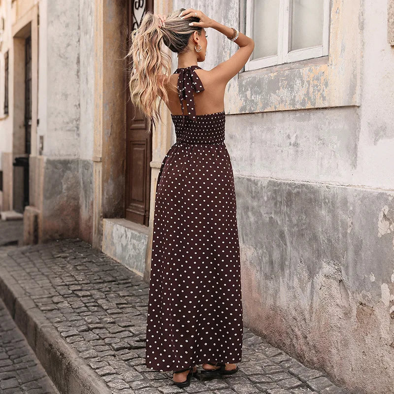 2026 Nieuwe Bruine Polka Dot Halter Maxi Jurk - Diepe V-hals met Rugband, Gerimpelde Rug, Zwierige Zomerjurk voor Dames Vakantie