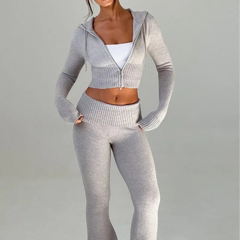 Knitted Hoodie and Flared Trouser Set