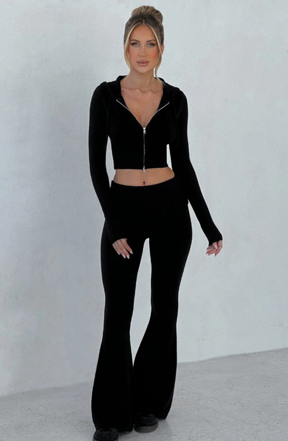 Knitted Hoodie and Flared Trouser Set
